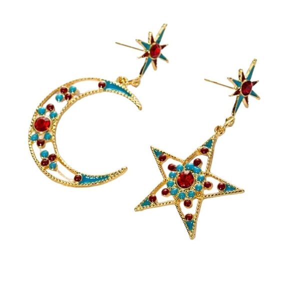 Bijoux Star Crescent Moon Mismatched Gold Tone Multicolor Dangle Earrings NWT - Picture 9 of 14